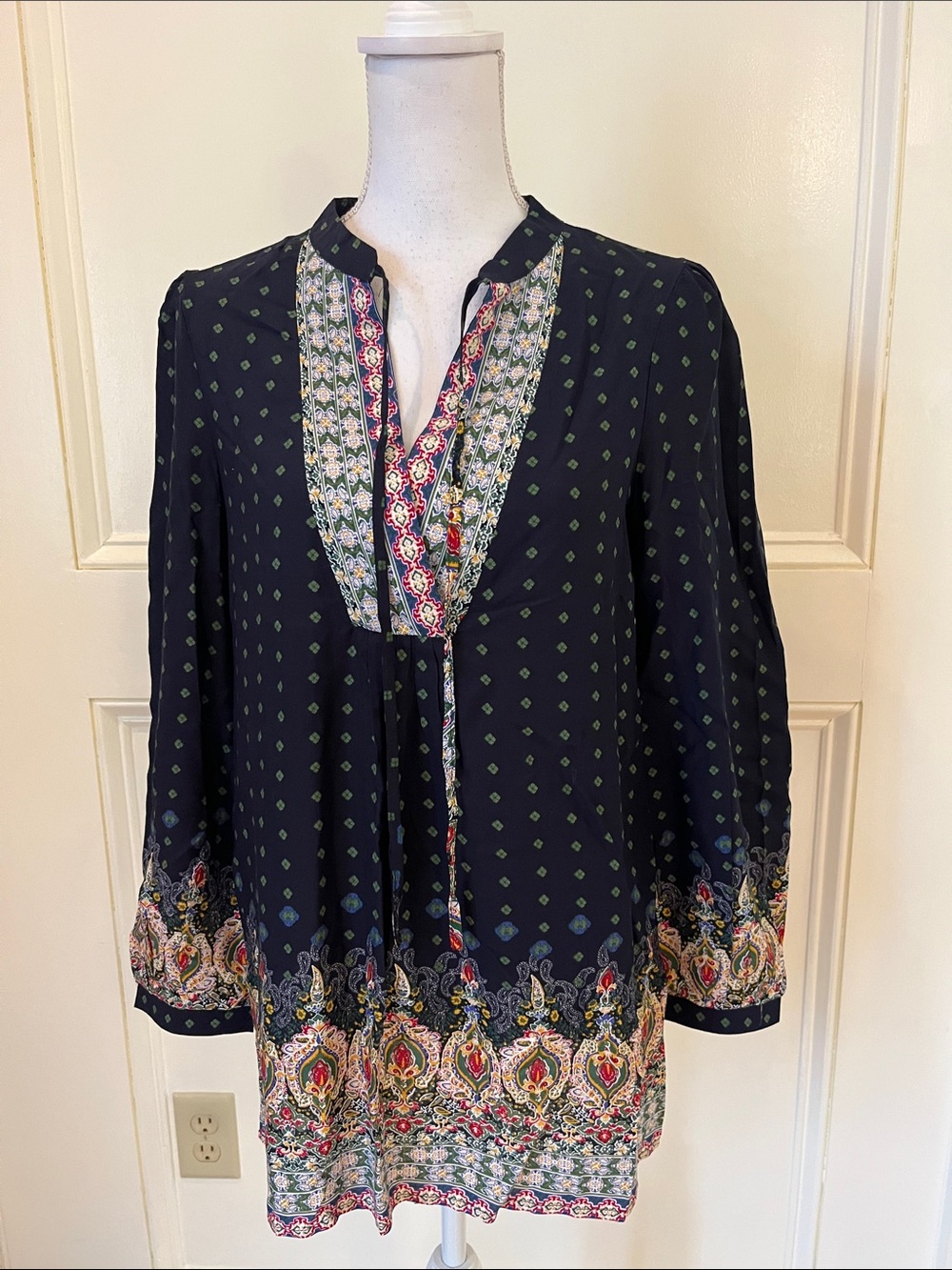 Navy Embroidered-Trim Tunic Top